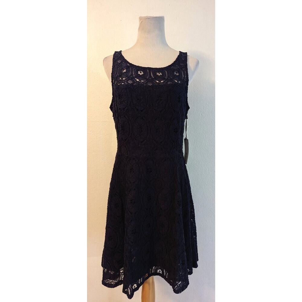BB Dakota sz 12 Dress Fit & Flare blue sleeveless tank lined sheer O3